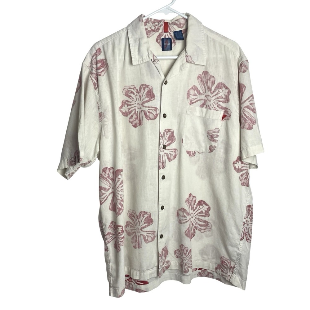 Vintage Jantzen Mens Hawaiian Shirt Size L Ivory Hibiscus Linen Blend Button Up
